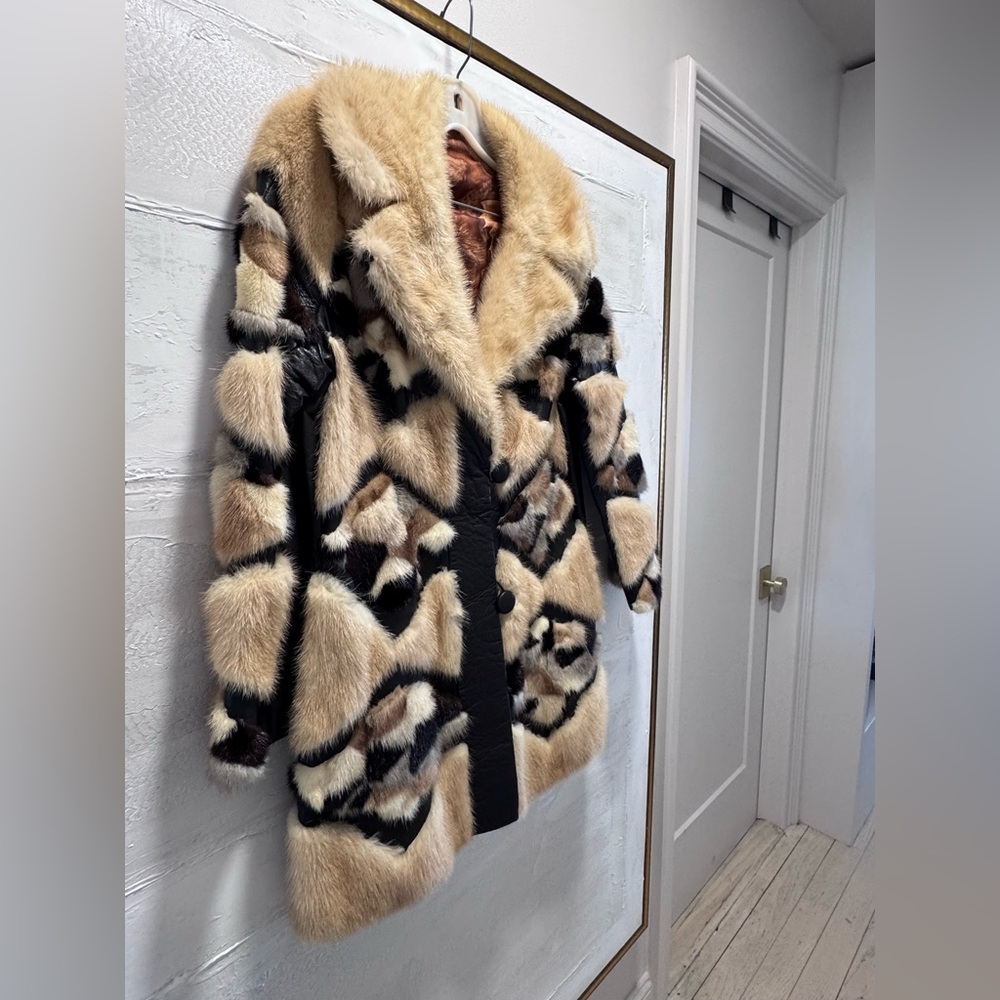 Vintage Mink Fur Patchwork Coat Leather Chevron Luxe Statement Jacket M - Picture 2 of 11